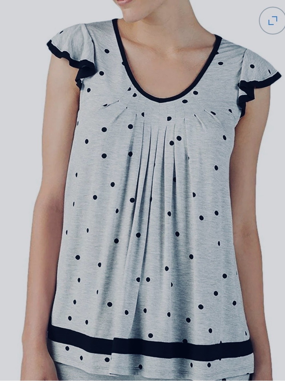 Ellen Tracy Women Gray Black Polka Dot Ruffle Sleeve Sleep Pajama Top~ Lg~ EUC